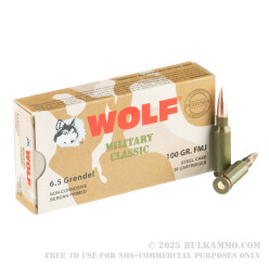 20 Rounds of 6.5mm Grendel  Ammo by Wolf Military Classic - 100 gr FMJ