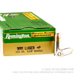 50 Rounds of 9mm +P Ammo by Remington Golden Saber Bonded - 124gr BJHP