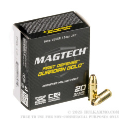 20 Rounds of 9mm Ammo by Magtech Guardian Gold - 124gr JHP