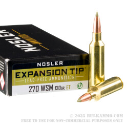 20 Rounds of .270 Win Short Mag Ammo by Nosler - 130gr Expansion Tip