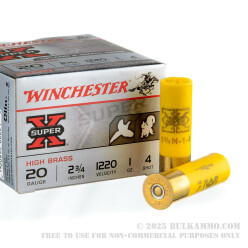 25 Rounds of 20ga Ammo by Winchester Super-x - 2-3/4" 1 ounce #4 shot