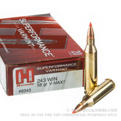 20 Rounds of .243 Win Ammo by Hornady Superformance Varmint - 58 Grain V-Max