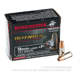 9mm - +P 147 Grain Bonded JHP - Winchester Defender - 20 Rounds