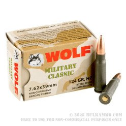 20 Rounds of 7.62x39mm Ammo by Wolf WPA MC - 124gr HP