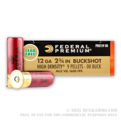 5 Rounds of 12ga Ammo by Federal Vital-Shok - 9 pellet high density 00 buckshot