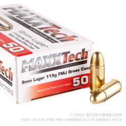 1000 Rounds of 9mm Ammo by MAXXTech Brass - 115gr FMJ