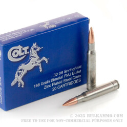 20 Rounds of 30-06 Springfield Ammo by Colt - 168gr FMJ