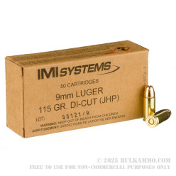 50 Rounds of 9mm Ammo by IMI - 115gr Di-Cut JHP