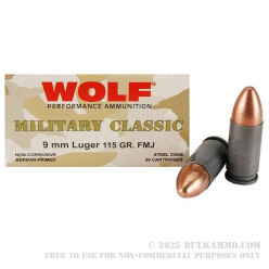 50 Rounds of 9mm Ammo by Wolf - 115gr FMJ