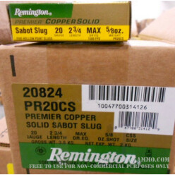 5 Rounds of 20ga Ammo by Remington - 5/8 ounce Copper Solid Sabot Slug