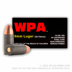 50 Rounds of 9mm Ammo by Wolf - 115gr FMJ