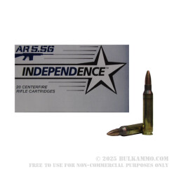 20 Rounds of 5.56x45mm Ammo by Independence - 55gr Full Metal Jacket - Boat Tail