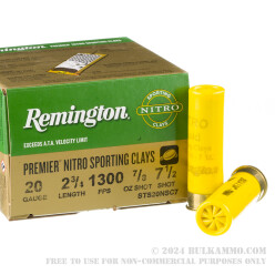 250 Rounds of 20ga Ammo by Remington Premier Nitro Sporting Clays - 7/8 ounce #7 1/2 shot