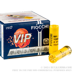 250 Rounds of 20ga Ammo by Fiocchi VIP - 7/8 ounce #8 shot