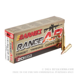 20 Rounds of 5.56x45 Ammo by Barnes Range AR - 52gr OTM