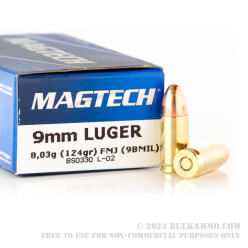 1000 Rounds of 9mm Ammo by Magtech - 124gr FMJ
