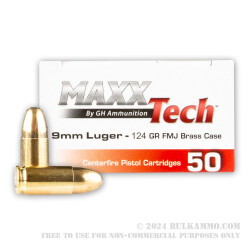 1000 Rounds of 9mm Ammo by MAXXTech Brass - 124gr FMJ