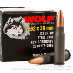 1000 Rounds of 7.62x39mm Ammo by Wolf - 122gr HP