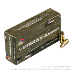 50 Rounds of 9mm Ammo by Veteran Ammo - 115gr FMJ