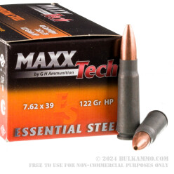 1000 Rounds of 7.62x39 Ammo by MAXXTech Essential Steel - 122gr HP