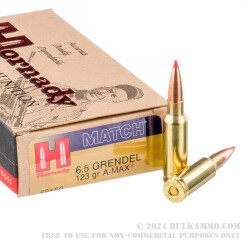 20 Rounds of 6.5mm Grendel Ammo by Hornady Match - 123gr A-MAX 