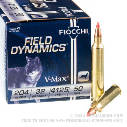 50 Rounds of .204 Ruger Ammo by Fiocchi - 32gr V-MAX