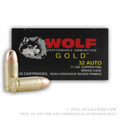 50 Rounds of .32 ACP Ammo by Wolf Gold - 71gr FMJ