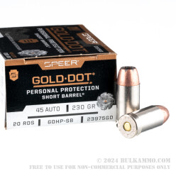 200 Rounds of .45 ACP Ammo by Speer Gold Dot Short Barrel - 230gr JHP
