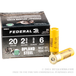 250 Rounds of 20ga Ammo by Federal Upland Steel - 3/4 ounce #6 steel shot