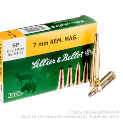20 Rounds of 7mm Rem Mag Ammo by Sellier & Bellot - 140gr SP