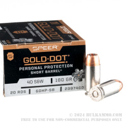 20 Rounds of .40 S&W Ammo by Speer Gold Dot Short Barrel - 180gr JHP