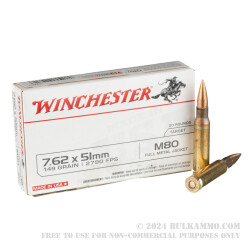20 Rounds of 7.62x51 Ammo by Winchester - 149gr FMJ M80