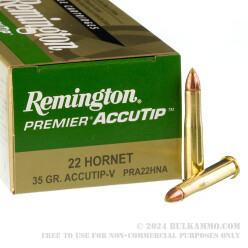 50 Rounds of .22 Hornet Ammo by Remington Premier AccuTip-V - 35gr AccuTip-V