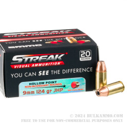 200 Rounds of 9mm Ammo by Ammo Inc. Streak - 124gr JHP Non-Incendiary Visual Tracer