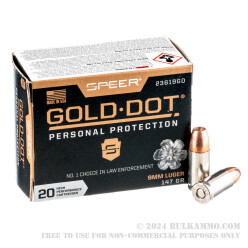 200 Rounds of 9mm Ammo by Speer Gold Dot - 147gr JHP