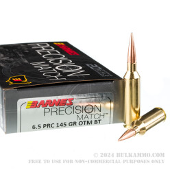 20 Rounds of 6.5 PRC Ammo by Barnes Precision Match - 145gr OTM BT