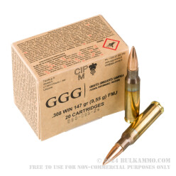 20 Rounds of .308 Win Ammo by GGG - 147gr FMJ