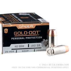 20 Rounds of .40 S&W Ammo by Speer Gold Dot - 180gr JHP