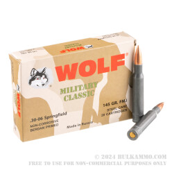 500 Rounds of 30-06 Springfield Ammo by Wolf - 145gr FMJ
