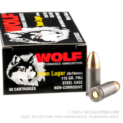 50 Rounds of 9mm Ammo by Wolf Performance - 115gr FMJ