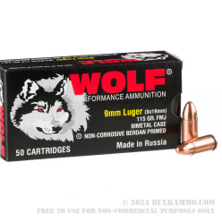 1350 Rounds of 9mm Ammo by Wolf - 115gr FMJ **STEEL CASES**