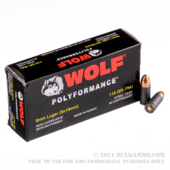 50 Rounds of 9mm Ammo by Wolf WPA Polyformance - 115gr FMJ
