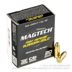 20 Rounds of +P 9mm Ammo by Magtech Guardian Gold - 115gr JHP