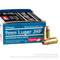 50 Rounds of 9mm Ammo by Aguila - 117gr JHP