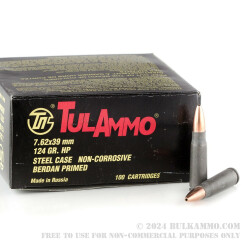 100 Rounds of 7.62x39mm Ammo by Tula - 124gr HP