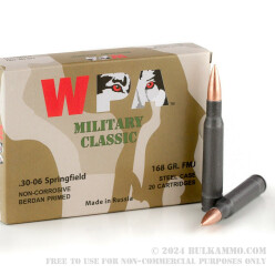 20 Rounds of 30-06 Springfield Ammo by Wolf Military Classic - 168gr FMJ