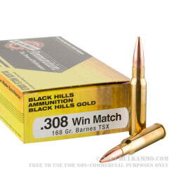20 Rounds of .308 Win Ammo by Black Hills Gold Ammunition - 168gr TSX