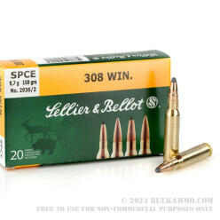 500 Rounds of .308 Win Ammo by Sellier & Bellot - 150gr SPCE