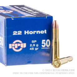 50 Rounds of .22 Hornet Ammo by Prvi Partizan - 45 gr SP