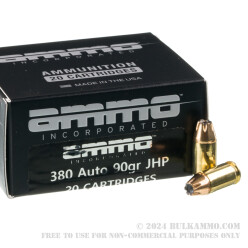 200 Rounds of .380 ACP Ammo by Ammo Inc. - 90gr JHP